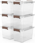 WYT 7 Quart Clear Storage Bins - Stackable Plastic Latch Boxes with Brown Handle | 6-Pack