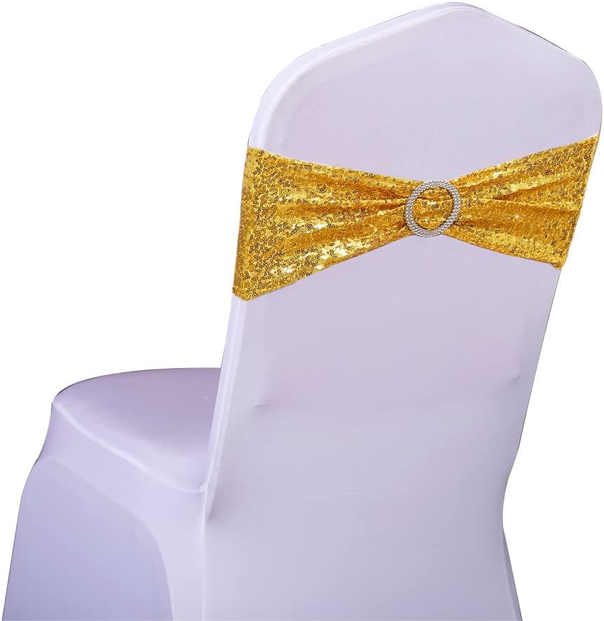 Skiennix Gold Spandex Sequins Chair Sashes - Pack of 50 Elegant Chair Bands with Buckles for Weddings & Parties