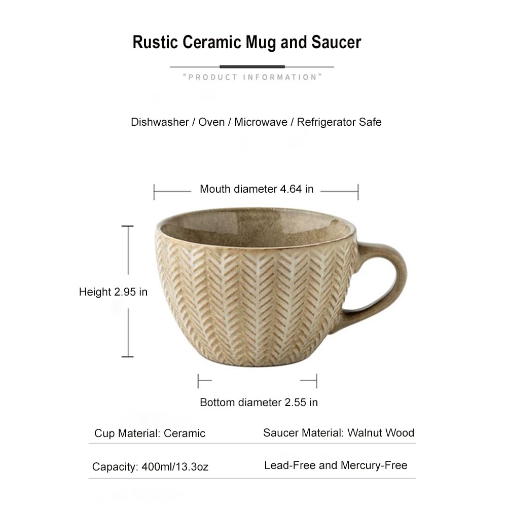 Tvvtuww Ceramic Coffee Cup Mug and Acacia Wooden Saucer Set, 8 oz Ceramic Cup for Espresso Latte Cappuccino Tea, Wooden Handle Mug Set Unglazed Porcelain Arty Mug (Natural Earthiness Finish)