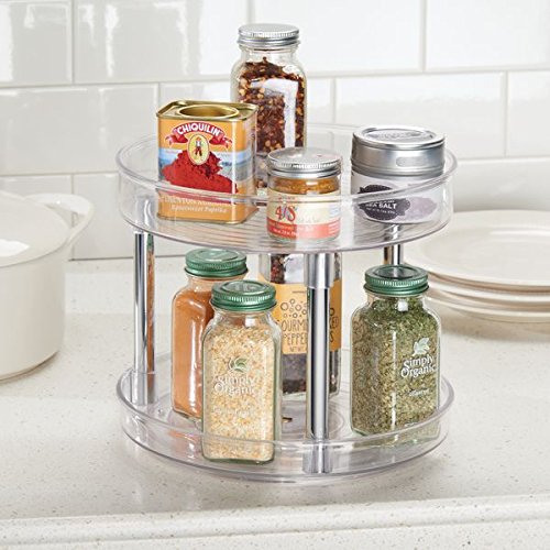 mDesign 2-Tier Lazy Susan Turntable for Kitchen Cabinets, Shelf, Table, Countertop - 9" Multi Level Rotating Organizer Carousel - Storage Turntable Organizer - Ligne Collection - Clear/Chrome