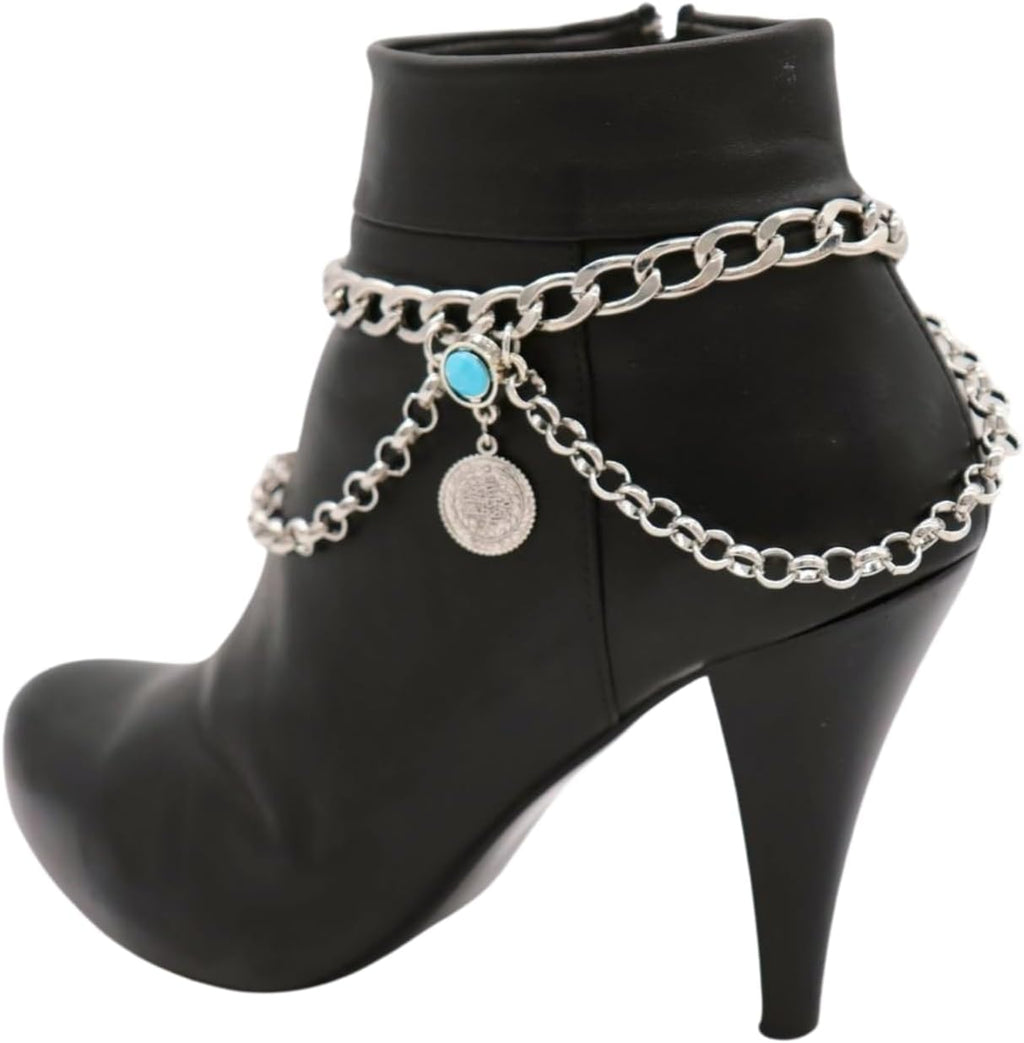 Skiennix Women's Silver Boot Chain Anklet Set - Adjustable Ethnic Coin & Turquoise Beads | 11-15 in Curb Chain