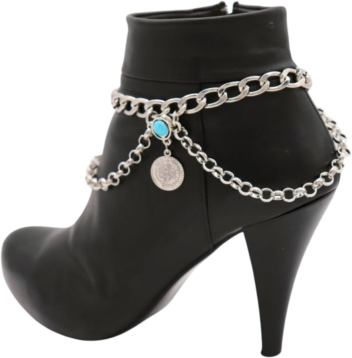 Skiennix Women's Silver Boot Chain Anklet Set - Adjustable Ethnic Coin & Turquoise Beads | 11-15 in Curb Chain