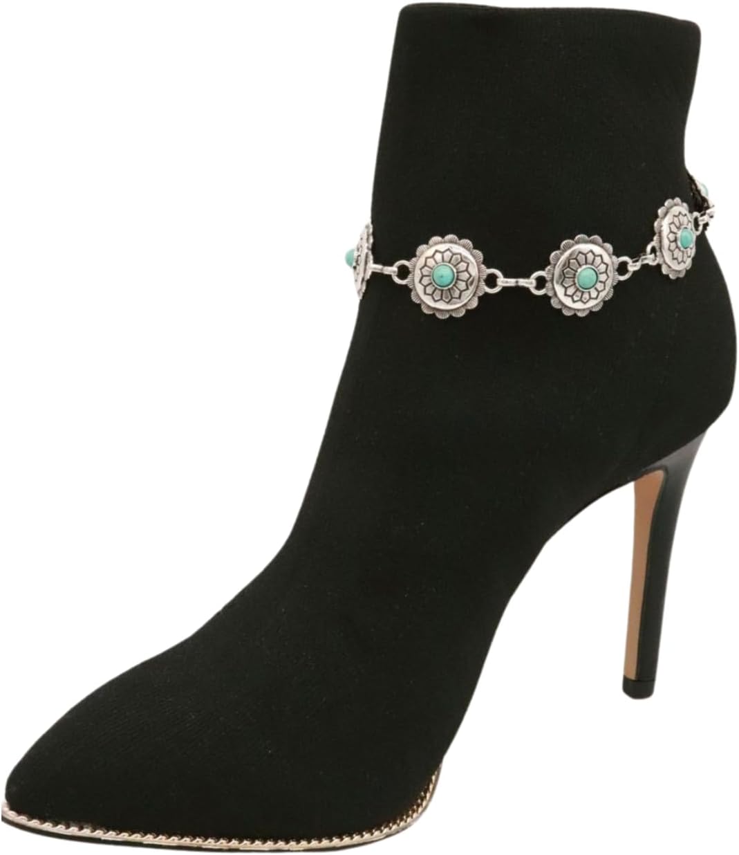 TrendyFashionJewelry Women's Western Boot Bracelet - Silver Chain Anklet with Turquoise Beads & Flower Charms