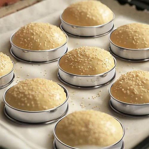 HLMOptimo English Muffin Rings, Stainless Steel Crumpet Rings, 4 inch 6 Pcs Nonstick Metal Round Ring Molds with Silicone Oil Brush