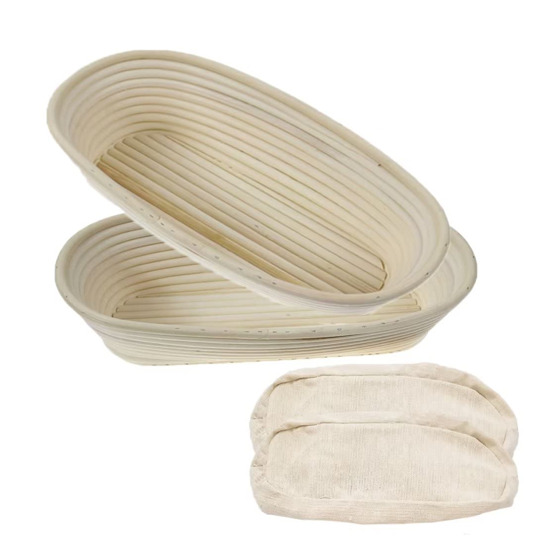 2 Pack 10 Inch Oval Bread Proofing Basket,Banneton Basket Bread Baking Bowl with Linen Liner Cloth, for Professional & Home Bakers Baking