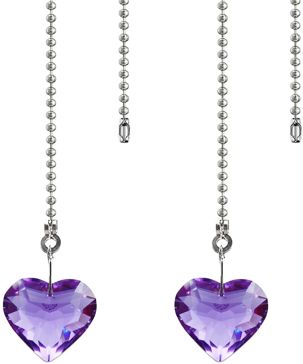 OMYZERO 2Pcs 12inch Crystal Heart Prisms Pendant Ceiling Fan Pull Chain Extender with Ball Chain Connector (Purple)