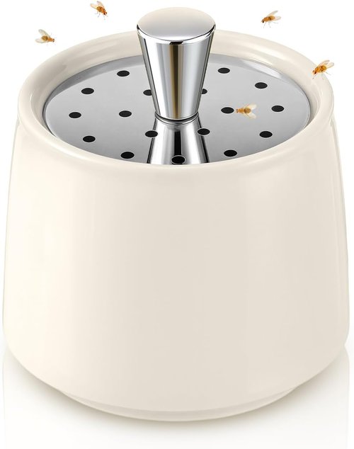 Ceramic Fruit Fly Trap - Reusable Indoor Kitchen Catcher with Stainless Steel Vent Lid | Safe Vinegar Bait (White, 1 Pack)