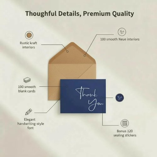 XXINMOH 100 Pack Thank You Cards With Envelopes Bulk Set & Stickers - 4x6 inch Blank Thank You Notes Bulk Box Set - Large Note Card Small Business, Wedding, Baby Shower & Bridal Shower - Navy Blue