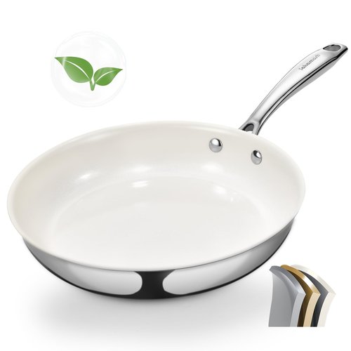 SAKAMOSH 9.5" Tri-Ply Stainless Steel Frying Pan, Nonstick Ceramic Pan, Skillet with Stay-Cool Handle, Non Toxic, PFAS PFOA PTFE Free, Dishwasher & Oven Safe, Induction, Compatible with All Cooktops