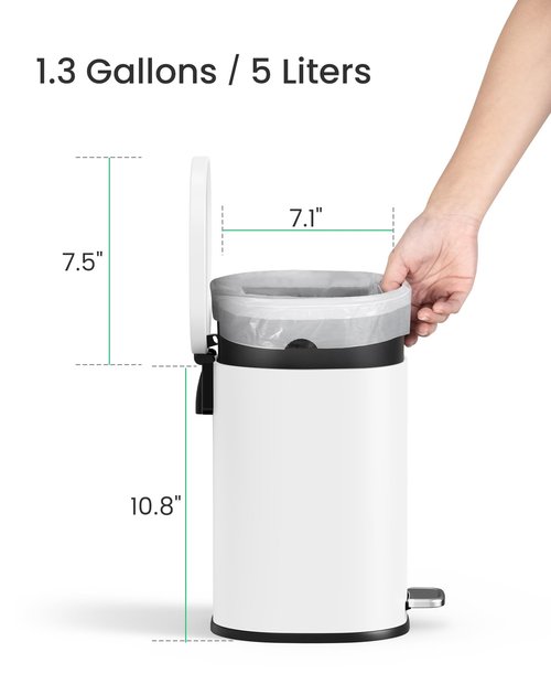 Cesun Bathroom Trash Can with Lid, 1.3 Gallon Small White Garbage Can with Foot Pedal, Metal Round Wastebasket for Bathroom, Bedroom, Office, White