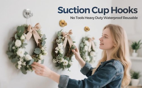 Suction Cup Hooks for Wreaths on Glass, 2025 New Model No-Drill Suction Cup Hooks, Wreath Hangers for Front Doors, Metal Towel Hooks for Showers Bathrooms Mirrors (2, Gold)