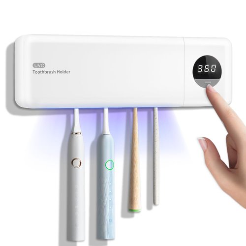 Smart Toothbrush Holder Toothbrush Cleaner and Holder for Bathrooms-4 Toothbrush Slots & Timer Function, Rechargeable Cordless Wall Mounted Toothbrush Holders,Clean,Dry for Home,Travel