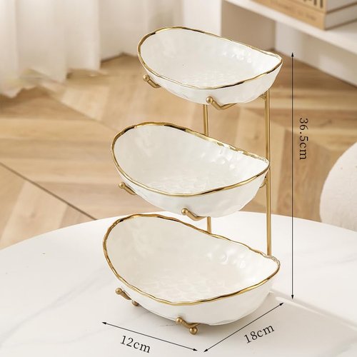 YYW 3 Tier Fruit Bowl for Kitchen Counter, White Ceramic Fruit Basket for Countertop, Home Fruit Stand with Metal Holder, Vegetable Bowl Snacks Nuts Bread Candy Storage (Gold 3-layer)