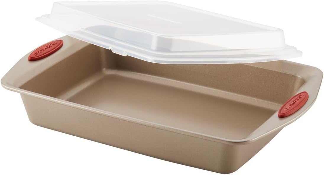 Rachael Ray Cucina Nonstick Bakeware Set - 10-Piece Baking Essentials in Latte Brown with Cranberry Red Grips