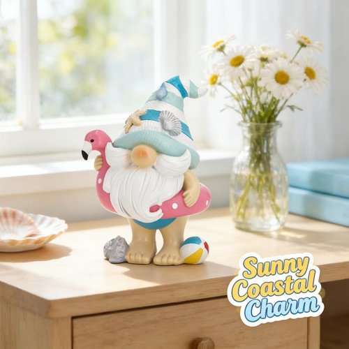 Hodao Coastal Ocean Gnome Decorations - Hand-Painted Beach Gnome Figurine with Flamingo Float & Seashell Hat