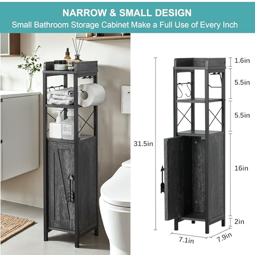 VECELO Small Bathroom Cabinet,Slim Toilet Paper Holders with Magnetic Door&2 Shelves, Narrow Storage Cabinet Organizer for Bathroom Restroom Tiny Space,Fenced Top Farmhouse Style,Coal Grey