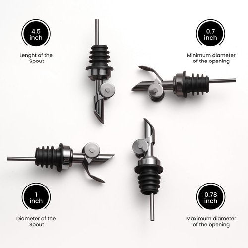 Molimoli Pack of 4 Premium Liquor Pour Spout Made of Stainless Steel with Automatic Anti-Oxidation Mechanism, Bottle Pourers for Alcohol and Wine, Olive Oil Dispenser Spout, Oil Bottle Spout, Black