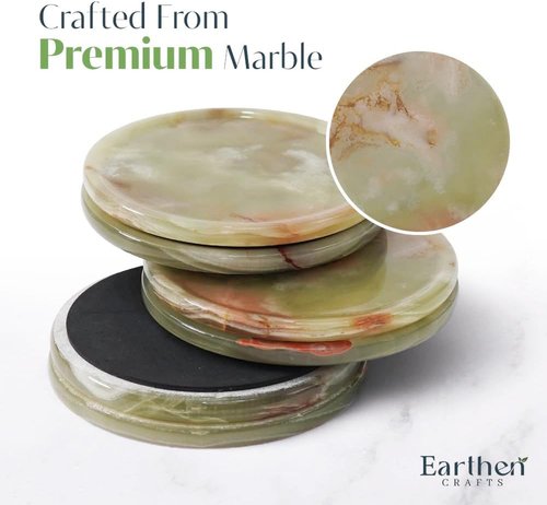 Earthen Crafts Marble Coasters Set of 6 for Drinks 3.5" Green Onyx Round Stone Drink Coaster with Holder & Lid for Table Countertop, Kitchen Counter & Coffee Table Decor