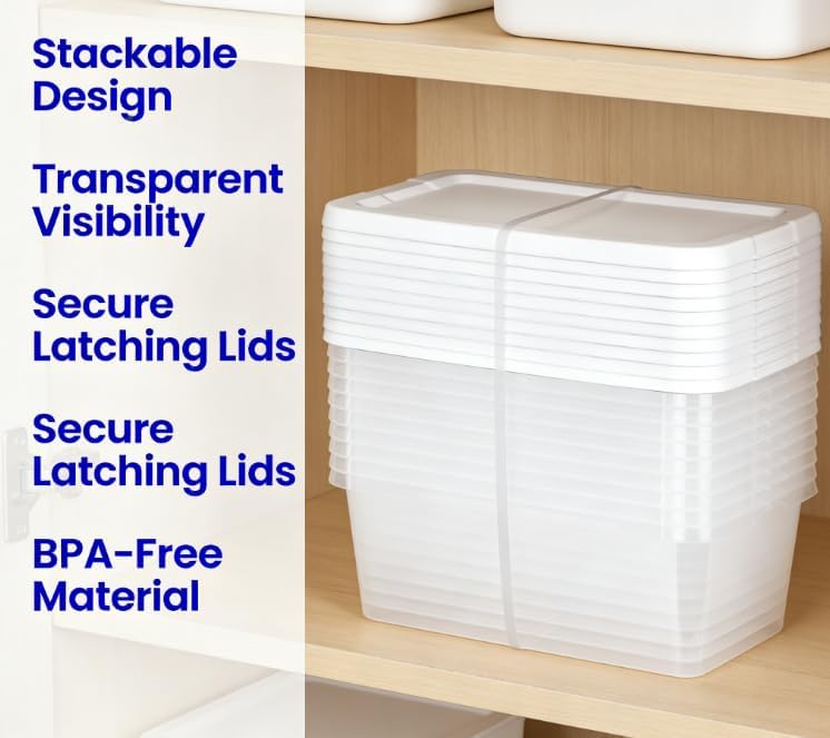 Regine Switzerland 10-Pack Clear Storage Boxes - Durable 6 Quart White Plastic with Snap-On Lids for Bedroom Organization