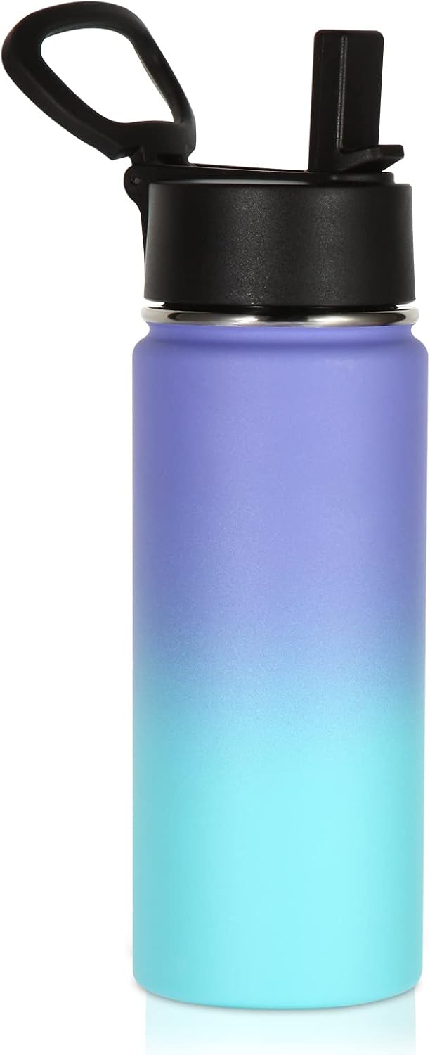 Volhoply 18oz Kids Insulated Water Bottle - Stainless Steel with Straw Lid | Double Wall Vacuum Flask (Purple Blue)
