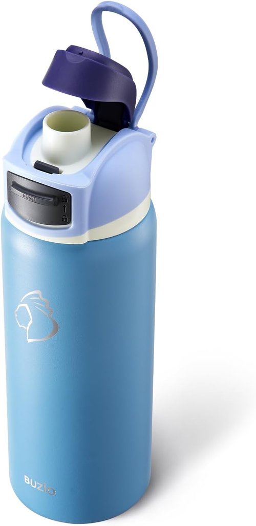 BUZIO 32 oz Insulated Stainless Steel Water Bottle - Triple Wall, Leakproof Lid, Haze Blue
