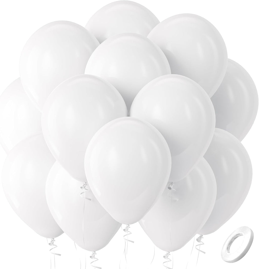 Bezente White Latex Balloons - 100 Pack of 12-Inch Round Helium Balloons for Weddings & Parties