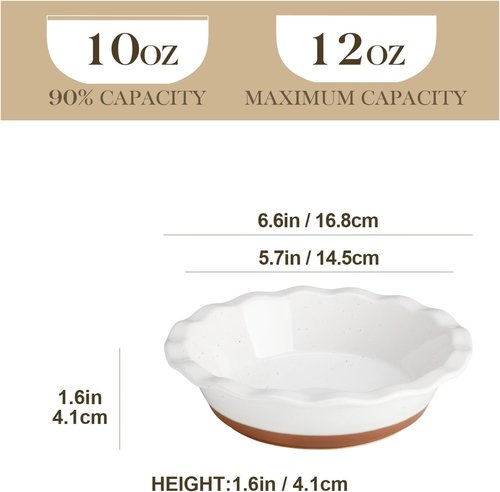 MALACASA Ceramic Mini Pie Pans - Set of 6 Ruffled Edge 6-Inch Baking Dishes | Microwave & Oven Safe, Khaki White