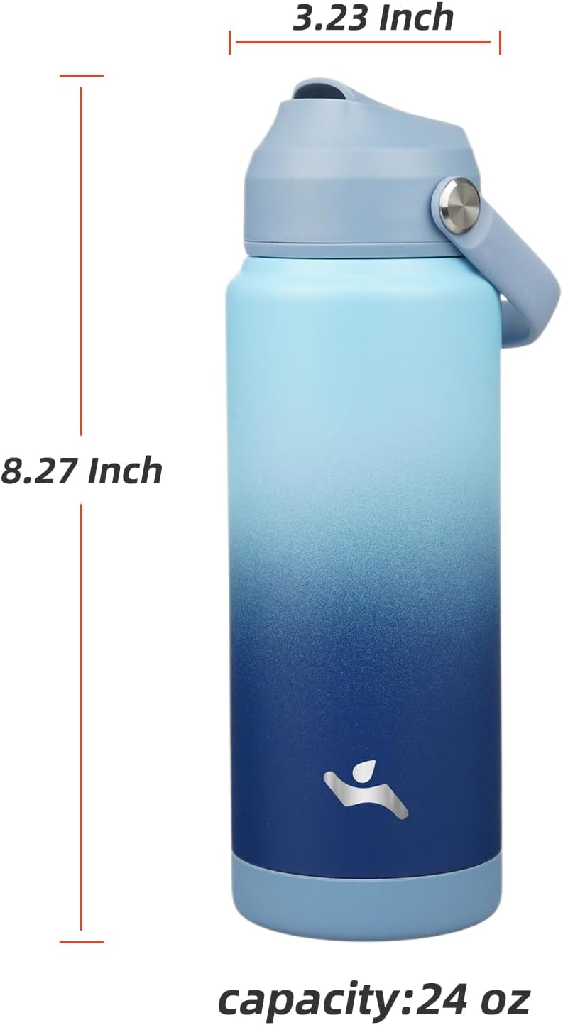 Skiennix Insulated Water Bottle - 24 oz Stainless Steel with Straw Lid & Silicone Handle - Sky Blue