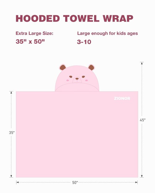 ZIONOR Hooded Bath Towel for Kids - 50''L x 35''W Extra-Large Hooded Towels for Big Kids 6-10, Kids Beach Towels Made from Bamboo Rayon, Suitable for Bath, Pool, Beach(Pink Bear)