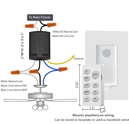 Nexete Universal Ceiling Fan Remote Control Kit,Wireless Wall Mounted Remote Control Switch & Receiver Replacement for Hunter Westinghouse Honeywell Hampton Bay (1-Pack Receiver & Scene Remote)