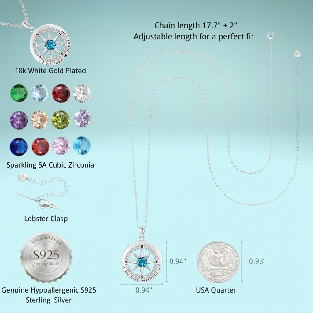 Skiennix Compass Necklace - S925 Sterling Silver Jewelry for Women | Elegant Rose Gold Gift with 12 Birthstones