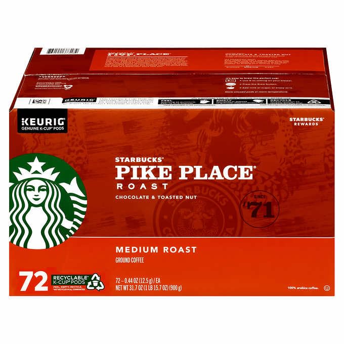 Starbucks Pike Place Medium Roast K-Cup Pods - Rich Flavor | 72 Count Pack