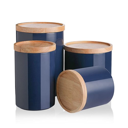 Sweejar Kitchen Canisters Ceramic Food Storage Jar Set, Stackable Containers with Airtight Seal Wooden Lid for Serving Ground Coffee, Tea, Herbs, Grains, Sugar, Salt - Set of 4 (Navy)
