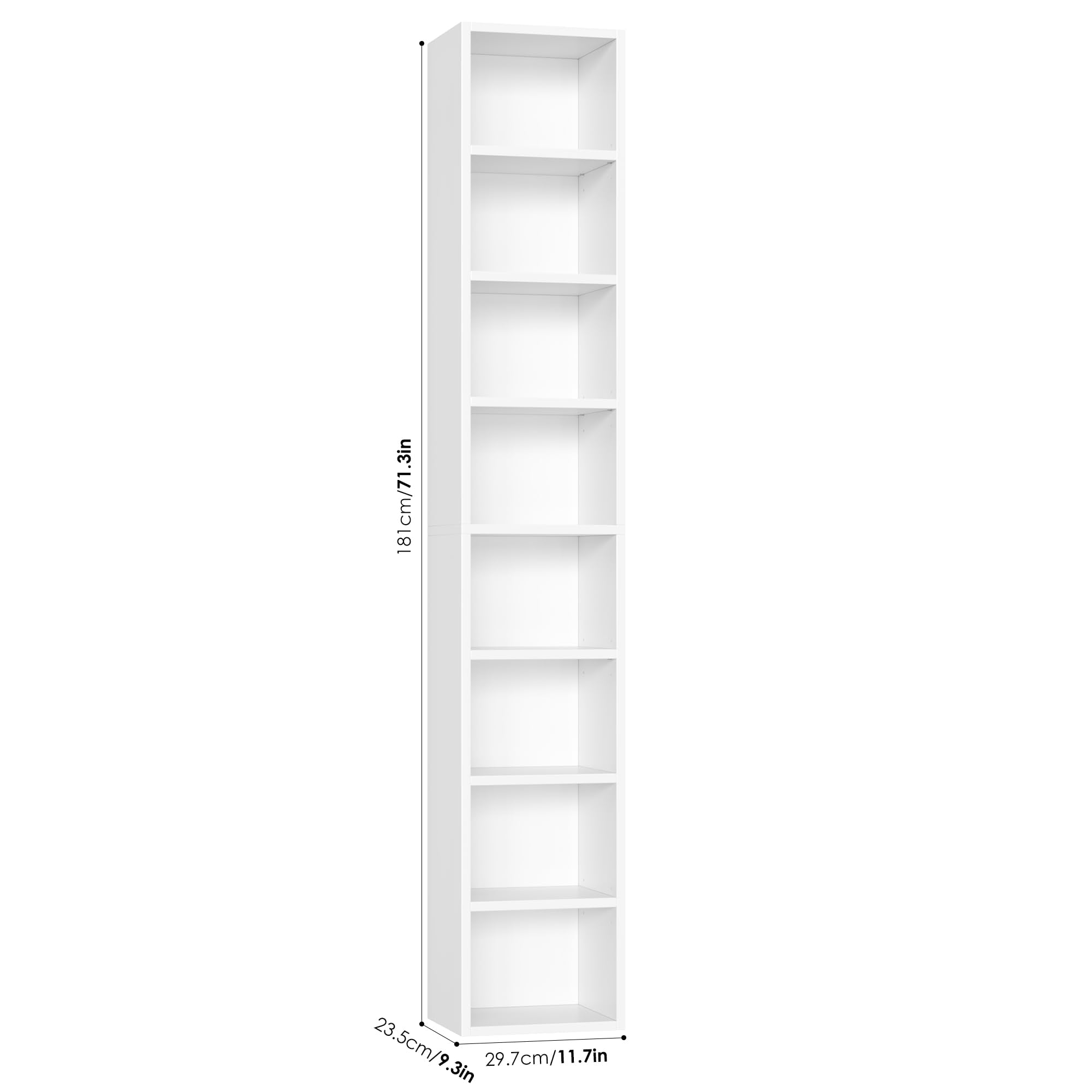 FOTOSOK White Bookshelf 8-Tier Narrow Bookshelf, 11.6 X 9.3 X 70.9 Tall CD DVD Media Tower Rack with 4 Adjustable Shelves, Tall Narrow Bookcase Slim Display Bookshelf with Cube Storage for Home Office