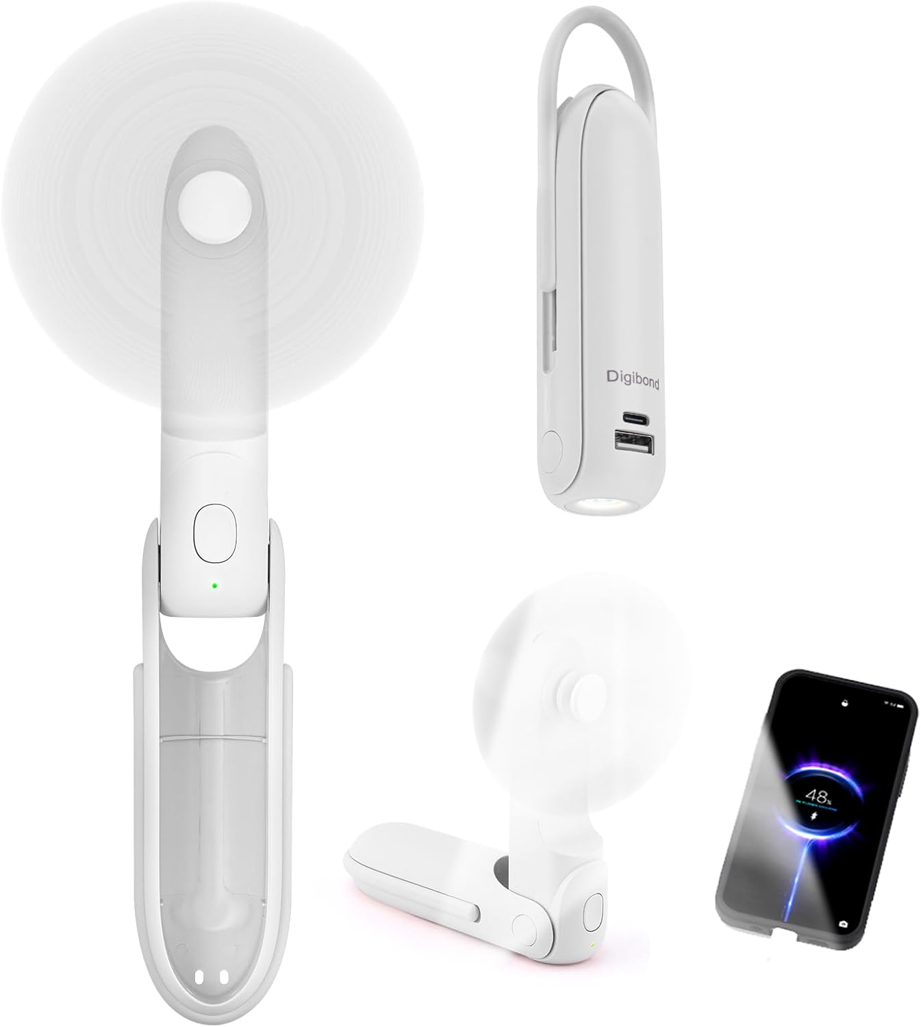 Skiennix Portable Handheld Fan - 6-in-1 Rechargeable Mini Fan with Flashlight & 3 Speeds (White)