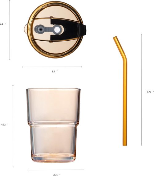 BLUEPOLAR 13 oz Tumbler Water Glass, Water Bottle with Straw and Dustproof Lid, Coffee Ice Cup Double Wall Insulated Glass Cup (Amber-4pack)