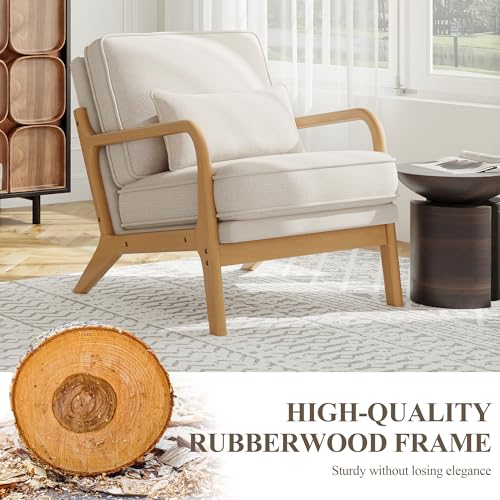 MALOL Mid-Century Accent Chair with Solid Wood Frame, Reading Relaxing Armchair Lumbar Pillow& Soft Cushion, Leisure Chair for Living Room, Bedroom, Waiting Room-Beige