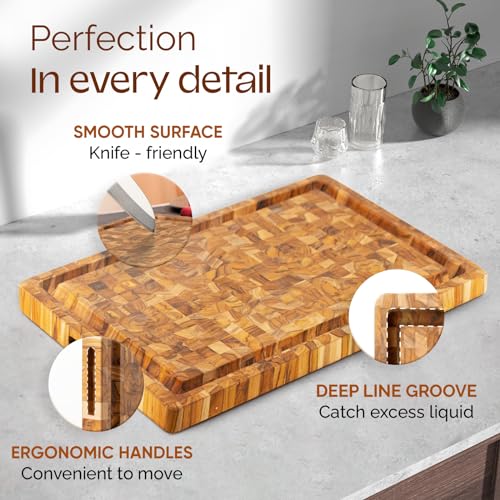 Yes4All Durable Teak Cutting Boards for Kitchen, [20''L x 15''W x 1.5” Thick] Large End Grain Cutting Board, Pre Oiled Wood Cutting Boards, Thick Chopping Board w/Juice Grooves and Easy Grip Handle