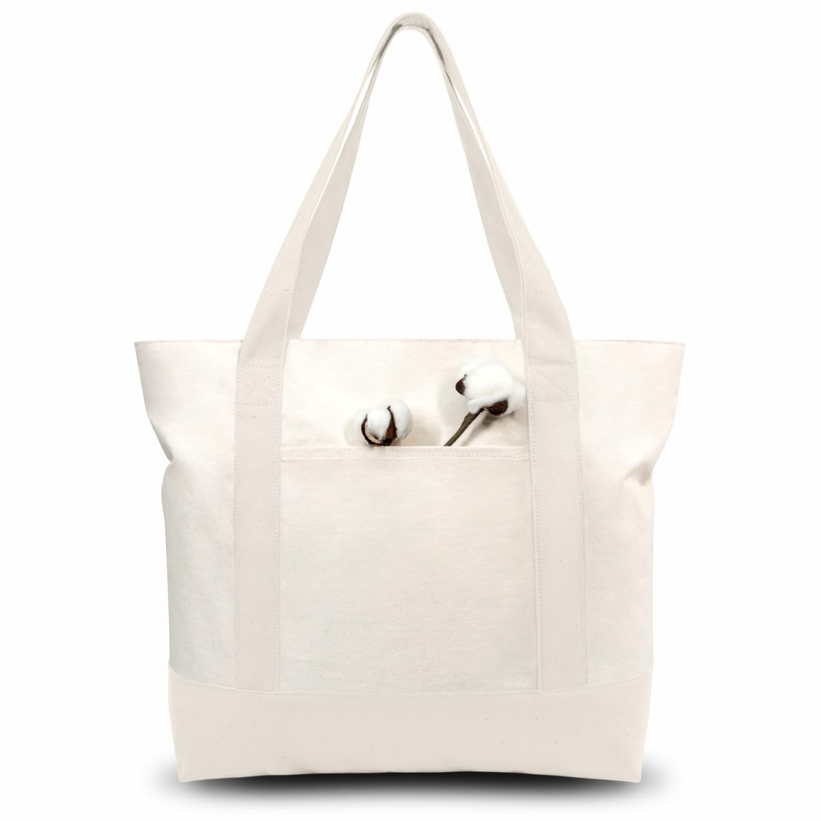 TOPDesign 6-Pack Canvas Tote Bags with an External Pocket, Reusable Grocery Shopping Bags, Top Zipper Closure, Daily Essentials (Natural)