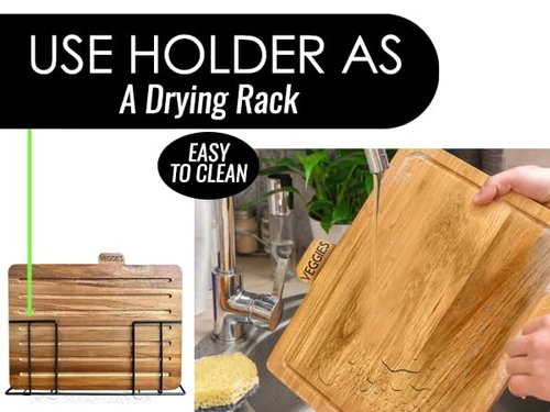 MODERNLYST Acacia Cutting Boards for Kitchen with Holder 13" x 11" x 2.5" | Labeled Wood Cutting Board Sets | Large Wooden Cutting Board Set of 4 with Black Organized Stand | Non Toxic Chopping Board