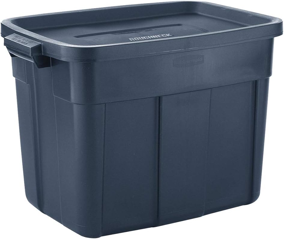 Rubbermaid Roughneck Tote - Durable Dark Indigo Metallic Storage Bins with Lids & Handles (Pack of 10)