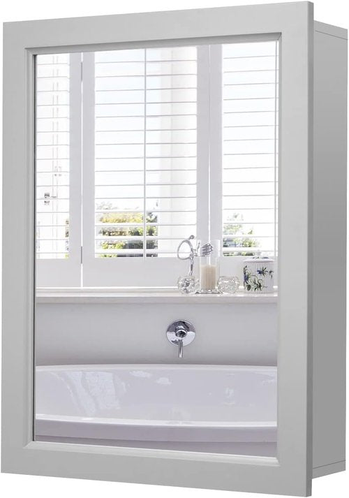 GOFLAME Bathroom Medicine Cabinet, Wall Mount Mirrored Storage Cabinets w/Single Door & Adjustable Shelf, Multipurpose Wooden Organizer for Hallway Living Room Bedroom, Grey