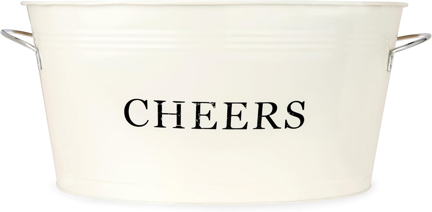 Twine Cheers Beverage Tub, Galvanized Tubs for Entertaining, Drink Buckets for Parties, Large Ice Tub and Gift Basket, Beer Buckets, Cream, 6.3 Gallons Set of 1