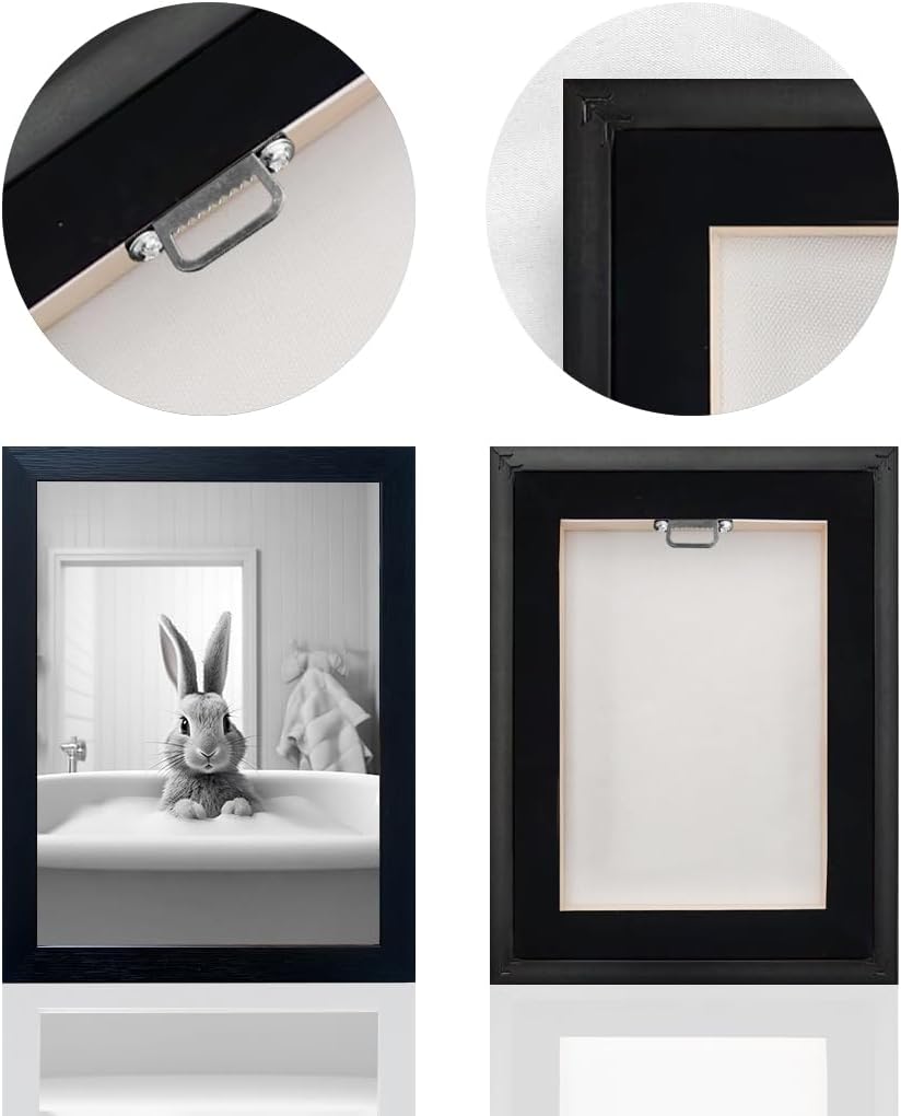 Regine Switzerland Funny Kids Bathroom Wall Art - Cute Black and White Animal Canvas Print | Framed Rabbit in Bathtub Decor