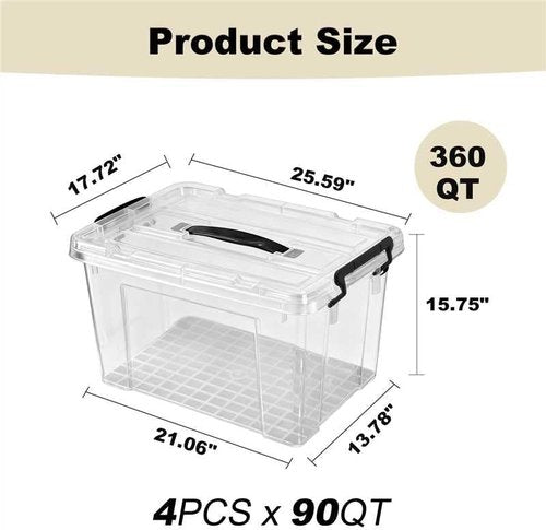 360 QT Clear Storage Bins - Heavy-Duty Stackable Plastic Organizers with Lids | 4 Pack, BPA-Free