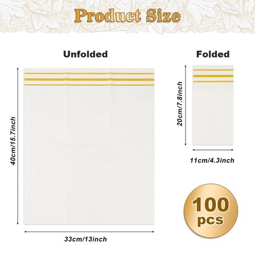100 Pack Paper Napkins Disposable Guest Towels Gold Lined Elegant Dinner Napkins 2-ply Party Napkins Guest Disposable Soft & Absorbent Paper Hand Towels for Bathroom Kitchen Wedding Party Dinner Event