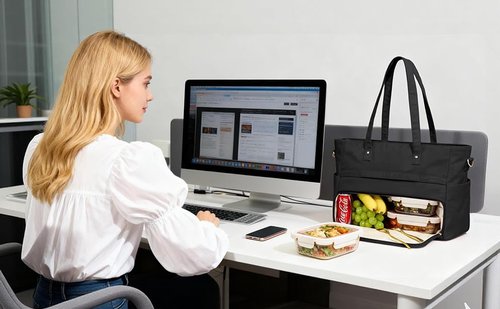 Marscamd Lunch Tote Bag with Insulated Compartment & 15.6" Laptop Sleeve, Womens 2-in-1 Water-resistant Work Bag for Office with a Purse & Crossbody Strap, Black