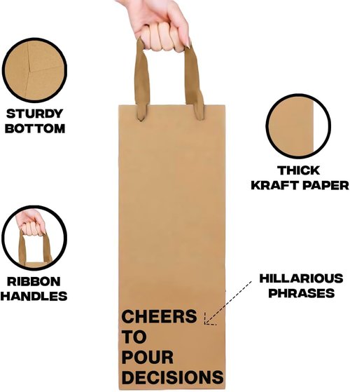MilkToast Brands Set of 5 Funny Wine Gift Bags for Liquor & Wine Bottles - Reusable Wine Bags for Mother's Day, Birthdays, & Holidays - Sturdy Kraft Alcohol Gift Bag with Handles - 4.7″ x 3.5″ x 14″ Size