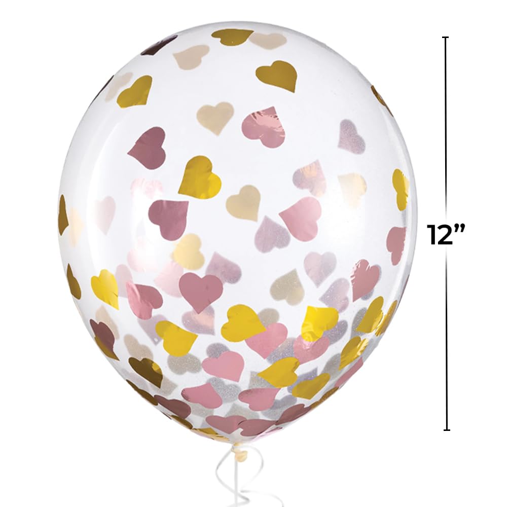Pink & Gold Hearts Confetti Latex Balloons - 12" (6 Pc) - Ideal for Parties, Weddings & Celebrations
