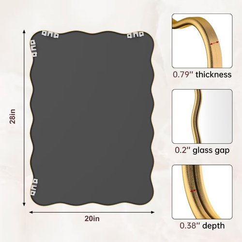 PROHOMEWARE 20 * 28" Gold Wavy Rectangular Vanity Bathroom Mirror for Wall Mounted Bedroom Entryway Living Room Farmhouse